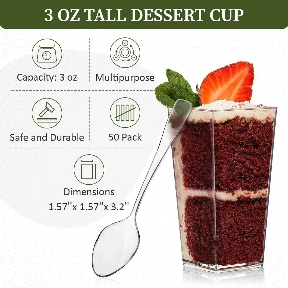 Oasis Creations 50 PC Clear Tall Square Mini Dessert Appetizer 3 Oz Cup W/Spoons